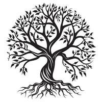 Tree of Life with vines intertwining around its trunk illustration in black and white vector