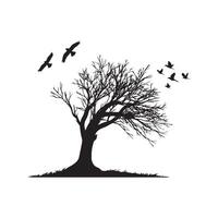 illustration of a tree with birds flying in the sky in black and white vector