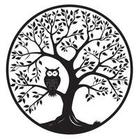 Tree of Life with an owl sitting on its branch illustration in black and white vector