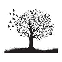 illustration of a tree with birds flying in the sky in black and white vector