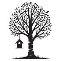 A birch tree with a birdhouse illustration in black and white vector
