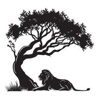 Tree of Life with a lion resting at its base illustration in black and white vector