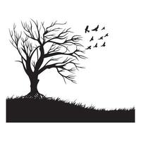 illustration of a tree with birds flying in the sky in black and white vector