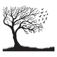 illustration of a tree with birds flying in the sky in black and white vector