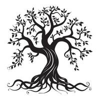 Tree of Life with vines intertwining around its trunk illustration in black and white vector
