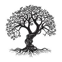 Tree of Life with vines intertwining around its trunk illustration in black and white vector