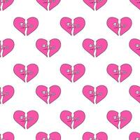 Seamless Pattern with pink hearts in emo style. Y2k. Broken heart with pin. flat illustration. vector