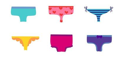 Set of women panties, underwear types string, thong, tanga, bikini. Cheeky, hipster, classic brief, slip, retro high waist or slimming underclothing collection. Cartoon Flat illustration. vector