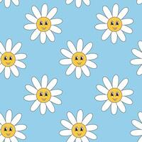 Retro 70s 60s 80s Hippie Groovy cute Daisy Flowers Seamless Pattern. Smiling face with teeth. Chamomile Flower power element. flat illustration on blue background. vector