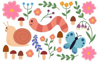 linda y acogedor conjunto de caracol, gusano, mariposa, hongos y flores niños acortar Arte. primavera o verano flora y fauna. plano ilustración. vector