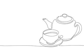 Teapot and cup of tea one line continuous. Tea cup and kettle line art. Hand drawn art. vector