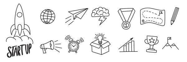 Collection of doodle icons Startup. Startup icons set. Hand draw art. vector