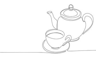 tetera y taza de té uno línea continuo. línea Arte taza y pava. mano dibujado Arte. vector