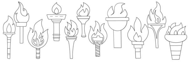 Collection of torches with flame in doodle style outline. Hand drawn art. vector