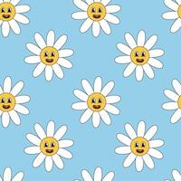 Retro 70s 60s 80s Hippie Groovy cute Daisy Flowers Seamless Pattern. Smiling face. Chamomile Flower power element. flat illustration on blue background. vector