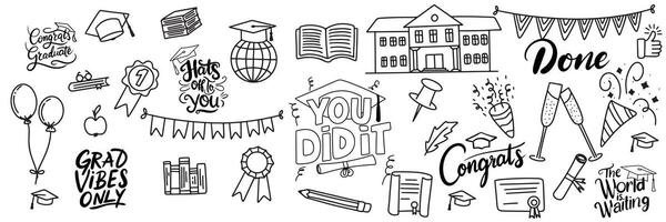 Collection of graduation doodle set icon. Hand drawn art. vector