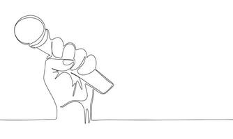 Hand with microphone one line continuous. Microphone in hand line art. Hand drawn art. vector