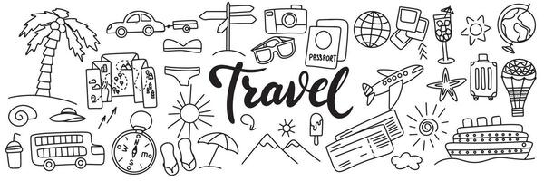 Collection of travel icons in doodle style. Travel icons set. Hand drawn art. vector