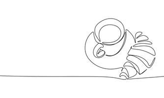 Cup of coffee with croissant one line continuous. Line art cup and croissant. Hand drawn art. vector