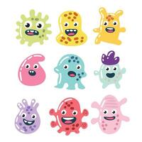 Collection of cute microbes characters in flat style. Hand drawn art. vector