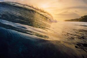 Barrel wave with warm sunset tones. Ideal glassy wave for surfing photo