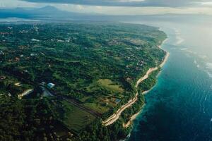 Bali coastline with volcano, ocean and beaches. Aerial view photo