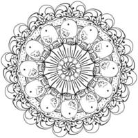 Mandala with doodle chickens and flowers, ornate coloring page for kids and adult creativity for Easter vector