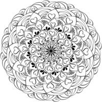 Outline mandala with creative elements and hearts, doodle coloring page with symmetrical vector