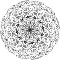 Outline mandala with creative elements and hearts, doodle coloring page with symmetrical vector