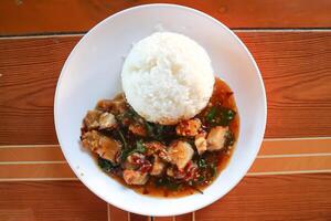 stir fried pork with basil and rice photo