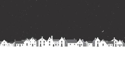 minimalista paisaje con pequeño pueblo geométrico forma a noche monocromo plano diseño ilustrado tener blanco espacio. vector