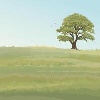 Minimalist landscape grass field with big tree flat design illustrated have blank space. vector