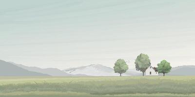 Rural landscape side view with hills, field, trees, grass, country house and mountain ranges graphic illustrated have blank space. vector