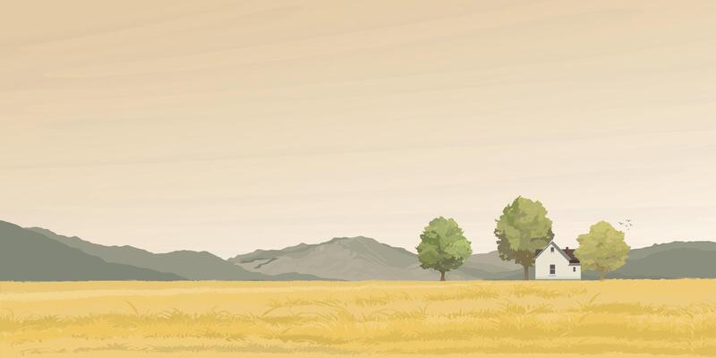 Wheat field with country house, mountain ranges and vanilla sky background side view illustrated have blank space. Countryside summer background gold colors grain nature. Autumn agriculture landscape.
