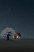 minimalista paisaje césped campo con país casa y grande árbol a noche plano diseño ilustrado tener blanco espacio. vector