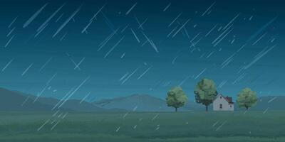 Raining in rural landscape side view flat design graphic illustrated have blank space. vector