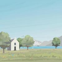 Rural landscape side view with lake, hills, field, trees, grass, country house and mountain ranges graphic illustrated have blank space. vector