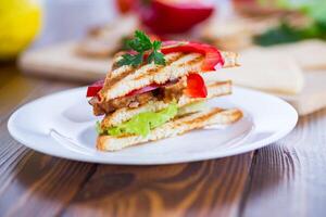 fried toast with chicken, salad, greens on a wooden table photo