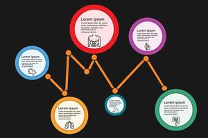 Infographic health care template for treatment and health care information presentation. circle with organ icons and examples sentences. Modern workflow diagrams. Report plan 6 topics vector