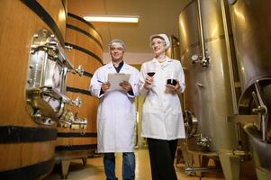 Professional winemaker controlling wine making process and quality at winery factory photo