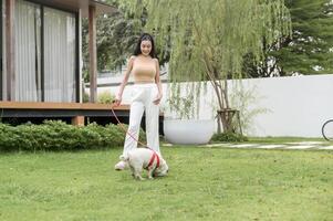 Happy asian woman playing with Cute Smart pug Puppy Dog In the Backyard photo