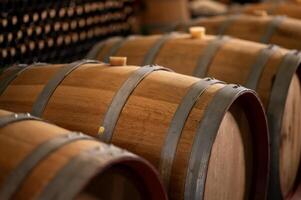 Old wooden wine barrels stacked in a cellar in order photo