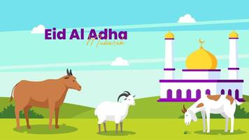 eid al adha mubarak with cow, goa, sheep, and mosque vector