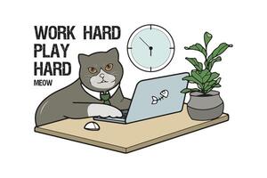 cat businessman at the table, hard working black cat, cute, kawaii, british shorthair vector