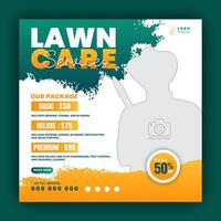 Modern, creative, lawn mower garden or landscaping service social media post design, agriculture agriculture business promotion in green and orange colors, layout, poster, web banner, template vector