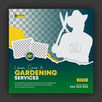 Modern, creative, lawn mower garden or landscaping service social media post design, agriculture agriculture business promotion in green and orange colors, layout, poster, web banner, template vector