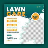 Modern, creative, lawn mower garden or landscaping service social media post design, agriculture agriculture business promotion in green and orange colors, layout, poster, web banner, template vector