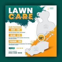 Modern, creative, lawn mower garden or landscaping service social media post design, agriculture agriculture business promotion in green and orange colors, layout, poster, web banner, template vector