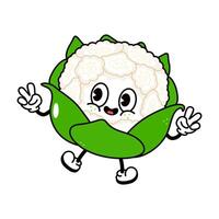 Jumping Cauliflower character. Hand drawn traditional cartoon vintage, retro, kawaii character illustration icon. Isolated on white background. Cauliflower jump character concept vector