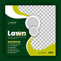 Modern, creative, lawn mower garden or landscaping service social media post design, agriculture agriculture business promotion in green and orange colors, layout, poster, web banner, template vector